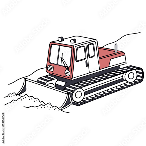 Red cab snow grooming vehicle with tracks snow groomer machine