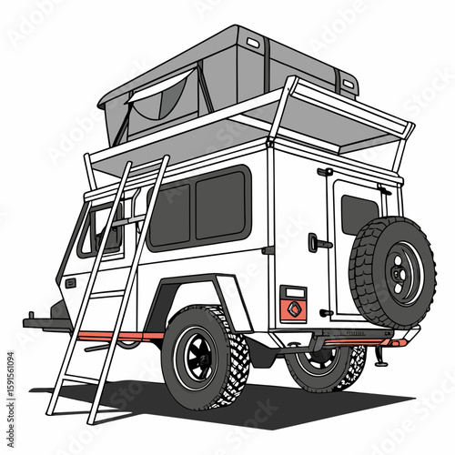 White off road camper trailer with rooftop tent and ladder