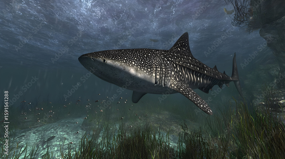 Obraz premium Underwater shot of a large, spotted shark. Dark gray/black body with light gray spots. Surrounded by aquatic plants and small fish. Clear water