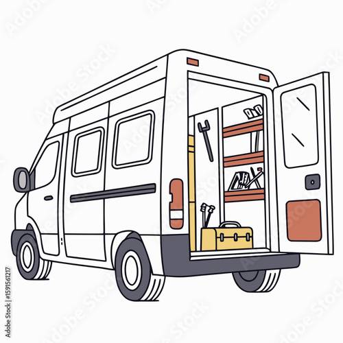White service van with open rear doors and tools workshop