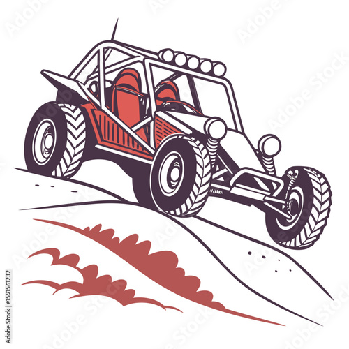 Red dune buggy driving over sandy hills off road vehicle sandy terrain