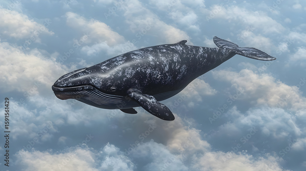 Fototapeta premium Large whale soaring through fluffy clouds. Detailed view of its mottled gray-blue skin