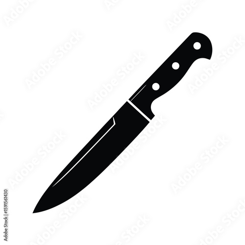 Simple black silhouette of a kitchen knife with a pointed blade and riveted handle