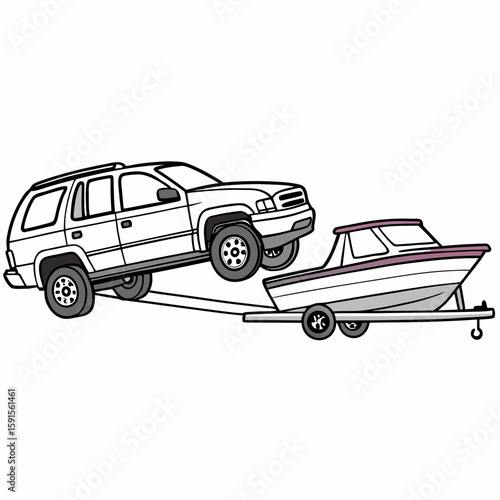 White S U V towing a boat on a trailer vehicle