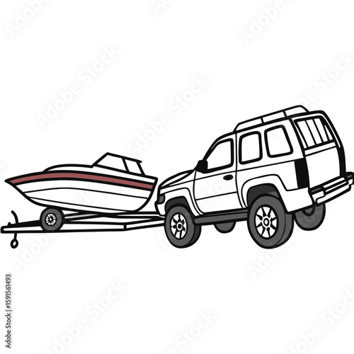 White S U V towing a red and white boat on a trailer