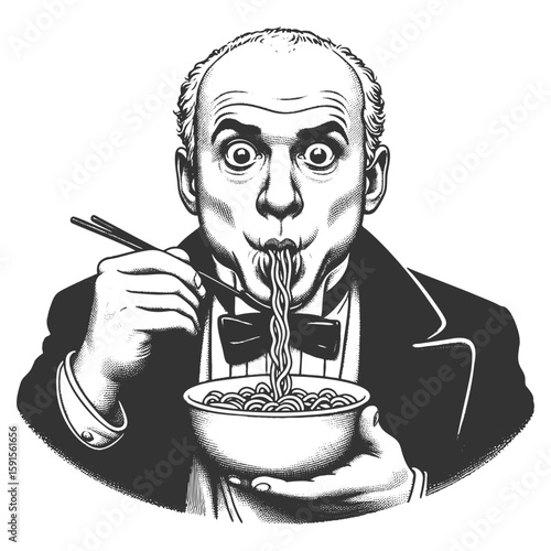Funny wide-eyed Victorian man exaggeratedly slurping noodles from bowl with a stunned expression sketch engraving generative ai fictional character vector illustration. Scratch board. Black and white.