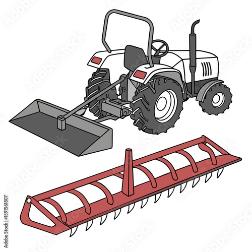 White tractor with front loader and red tiller gray