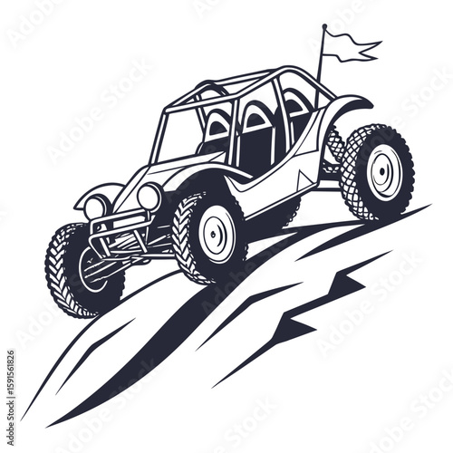 Rugged dune buggy with large tires and flag off road vehicle sand desert
