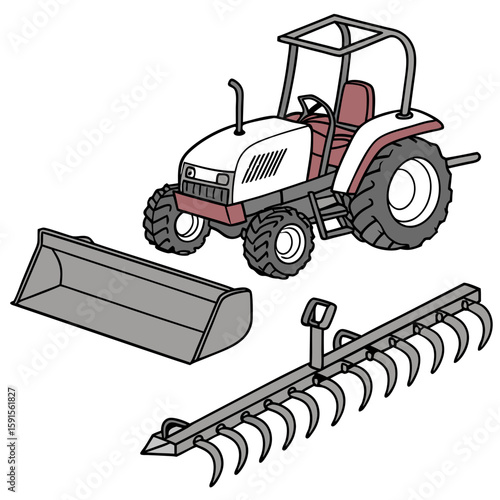 White tractor with red accents and farming attachments