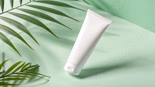 White tube of cosmetic cream product lies on a light green surface with palm leaf shadows, showcasing natural beauty and skincare.