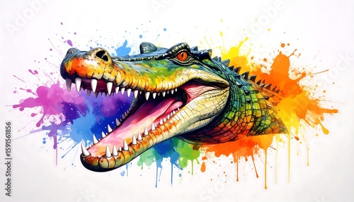 Colorful crocodile head, vibrant splashes