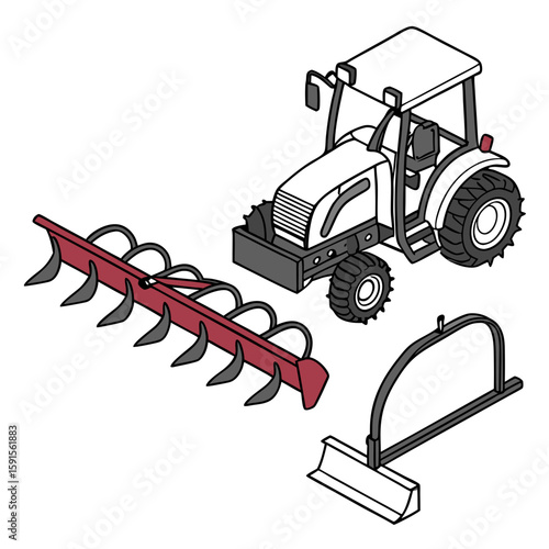 White tractor with red tiller and gray plow agriculture
