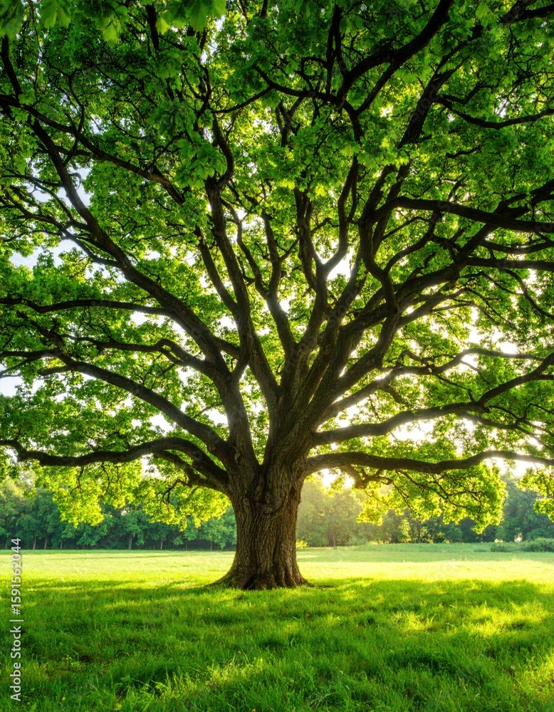 Lush oak tree in a vibrant green field Lush oak tree in a vibrant green field