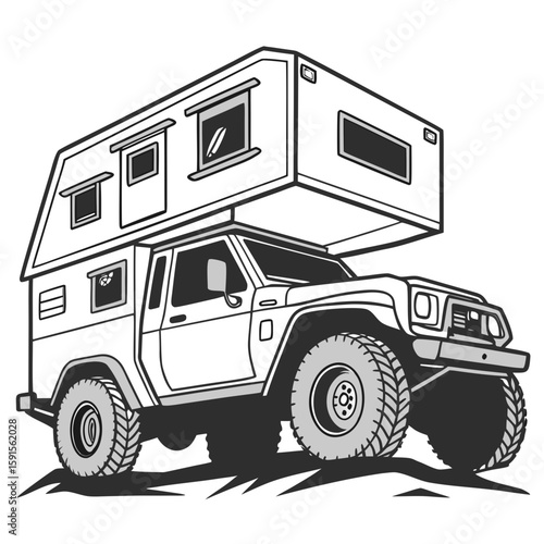 Rugged off road camper vehicle with large tires camper van adventure vehicle