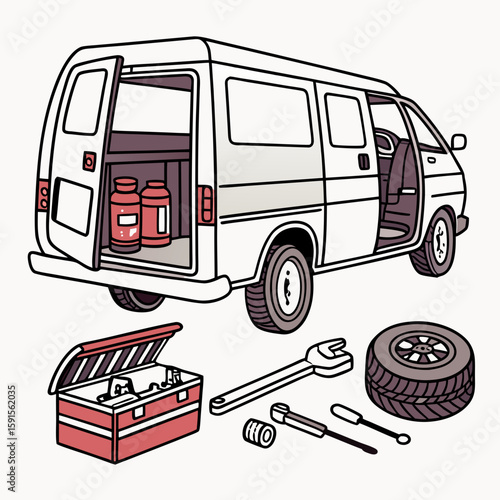 White van with tools and spare tire toolbox wrench