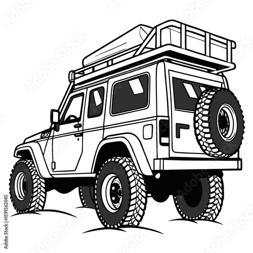 Rugged off road camper with roof rack and spare tire off road vehicle adventure vehicle