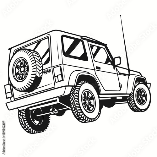 Rugged off road vehicle with spare tire and antenna four wheel drive