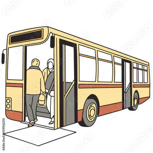 Yellow city bus with open doors and passengers transportation