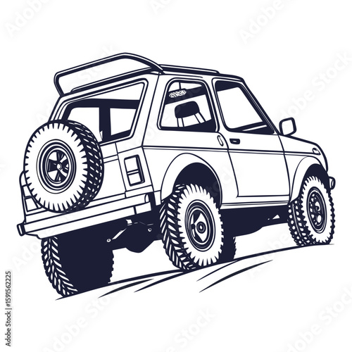Rugged off road vehicle with spare tire and roof rack adventure travel