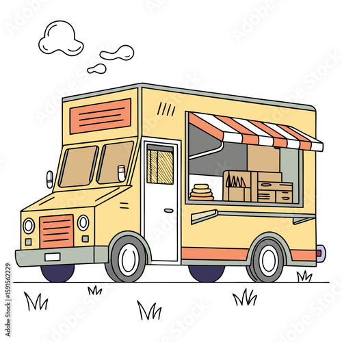 Yellow food truck with orange awning and window white