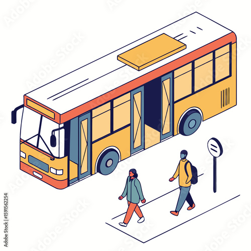 Yellow city bus with open doors and pedestrians public transportation