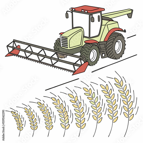 Yellow green tractor harvesting wheat stalks combine harvester