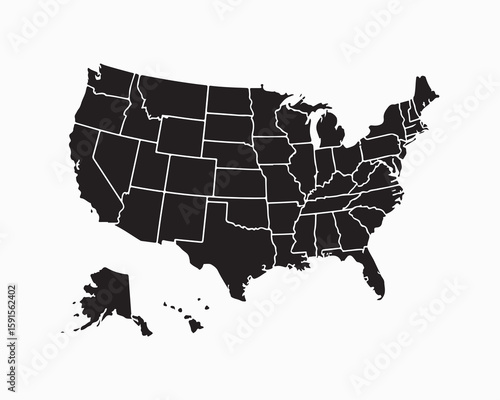 USA states map outlines and silhouettes, 50 America states, including New York, California, Texas, Florida, Ohio, vector illustration for educational, geographic, design, travel purposes.