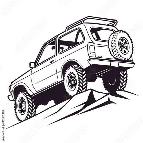 Rugged vehicle climbing rocky terrain with spare tire off road vehicle rocks