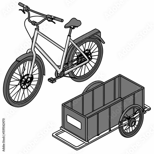 Silver cargo bicycle with grey trailer transport vector