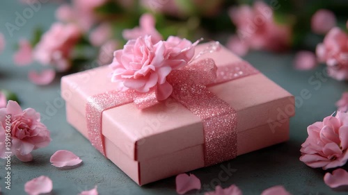 Pink gift box with glitter ribbon and flower decoration surrounded by soft pink petals on textured surface creating delicate romantic atmosphere perfect for celebration present and special occasions