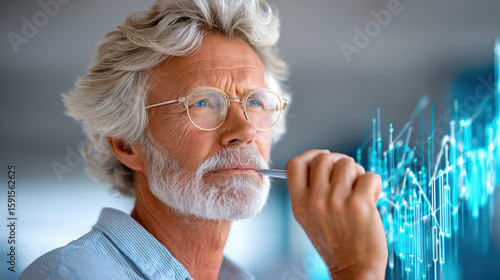 leadership business coaching AI coaching concept. Mature businessman thinking with pen in hand, futuristic data graph overlay