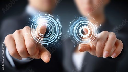 leadership business coaching AI coaching concept. Business mentor coaching entrepreneur with futuristic digital interface and gear icon