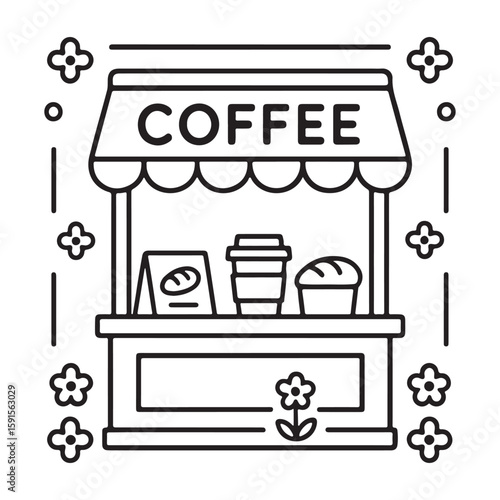 Coffee stand with baked goods and beverages kiosk coloring page