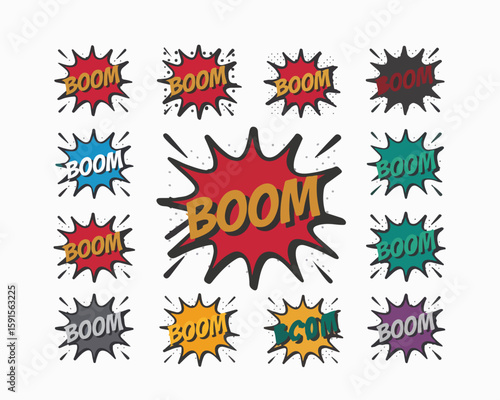 Collection of comic style boom speech bubbles in various colors on a white background design element