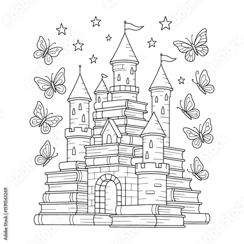 Enchanted book castle with flying butterflies and stars books library coloring page