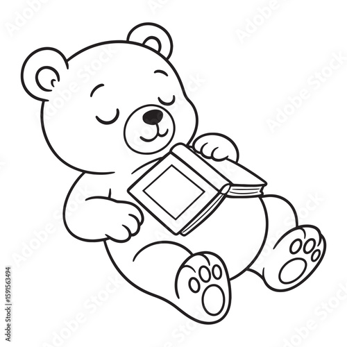 Sleeping bear cub holding open book reading paws coloring page
