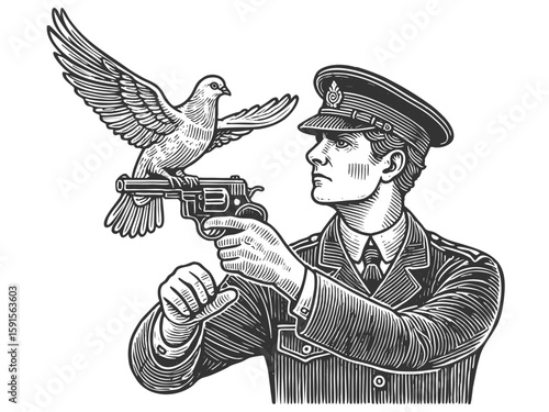 uniformed officer holding a revolver with a dove perched on its barrel, symbolizing peace sketch engraving generative ai fictional character vector illustration. Scratch board. Black and white image.