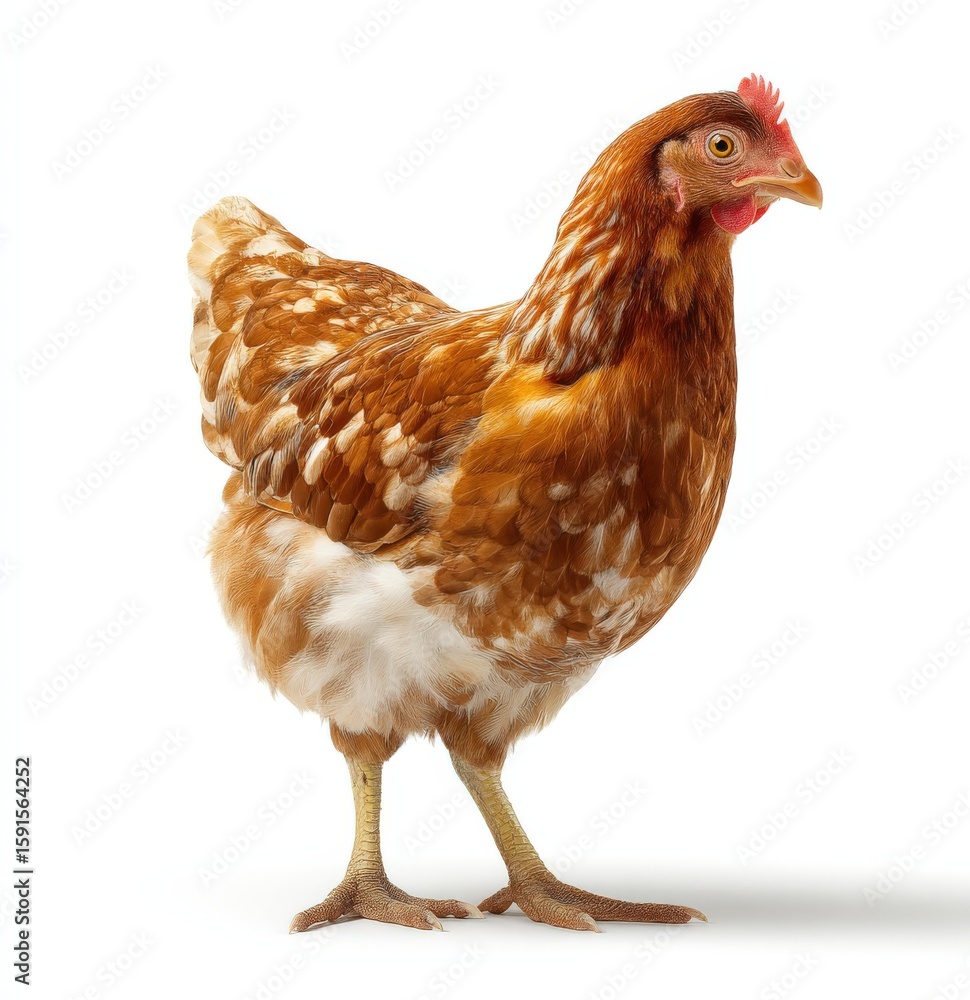 Fototapeta premium A brown chicken is currently standing upright on a white background