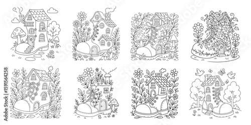 Whimsical boot houses with floral and mushroom accents fairy tale dwellings floral accents coloring page