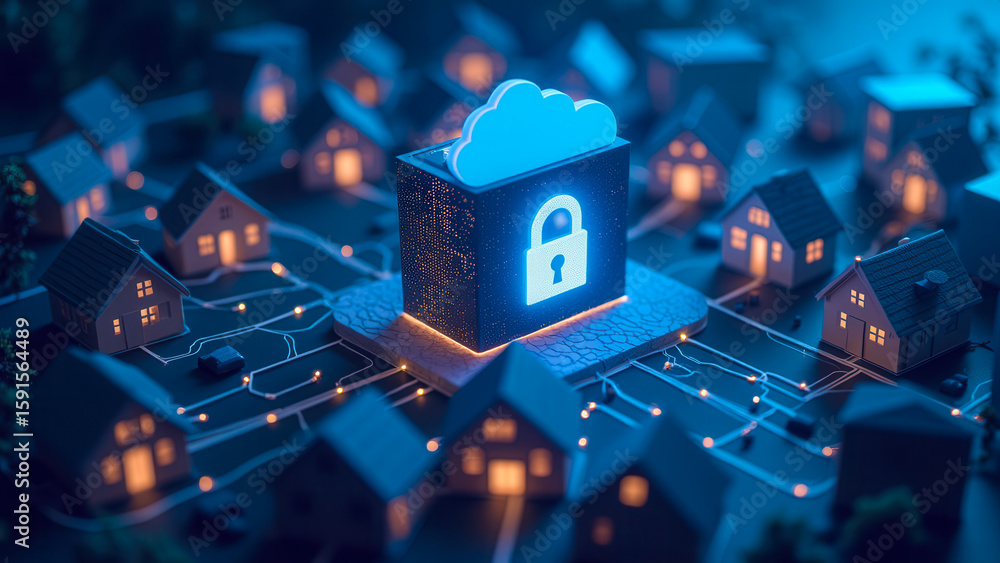 Obraz premium Cloud Computing Security With Lock Symbol Over Cityscape Showing Network Connections in Night Setting