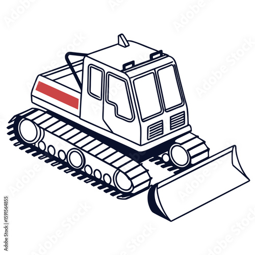 Snow grooming vehicle with red stripe and plow snow groomer snow cat