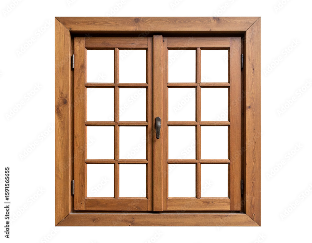 Antique Wooden Window with Divided Glass Panes and Iron Latch, Top-Down Flat Lay, isolated Antique Wooden Window with Divided Glass Panes and Iron Latch, Top-Down Flat Lay, isolated
