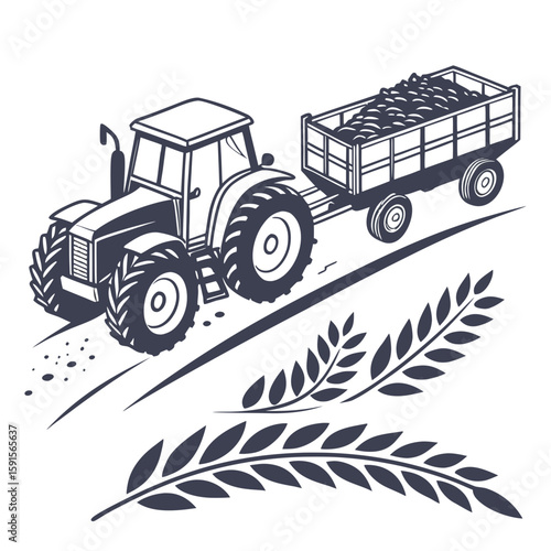 Tractor hauling harvested wheat stalks trailer agriculture