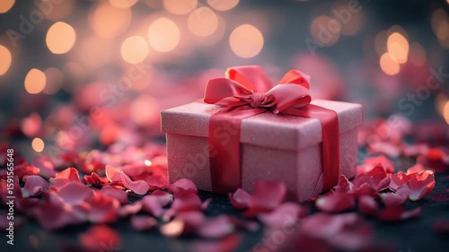 Gift box with red ribbon and bow surrounded by rose petals and pink petals on dark surface with warm bokeh lights creating romantic festive atmosphere perfect for celebration present occasion
