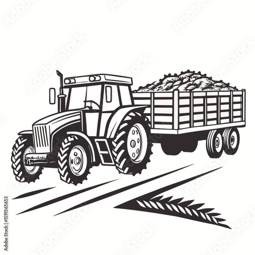 Tractor hauling trailer filled with crops farming agriculture