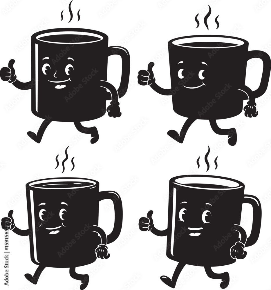 Obraz premium Four cartoon coffee cups with faces and thumbs up silhouette