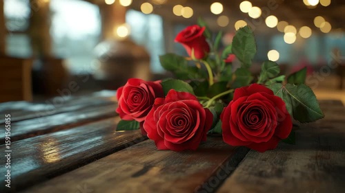 Red rose flower bouquet with green leaf on rustic wooden table warm bokeh lights background creating romantic cozy atmosphere perfect for floral decoration and gift ideas