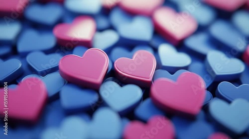 Pink and blue heart shapes scattered closely together create soft romantic background with shallow depth of field and smooth texture pattern evoking feelings of love and affection closeup romantic