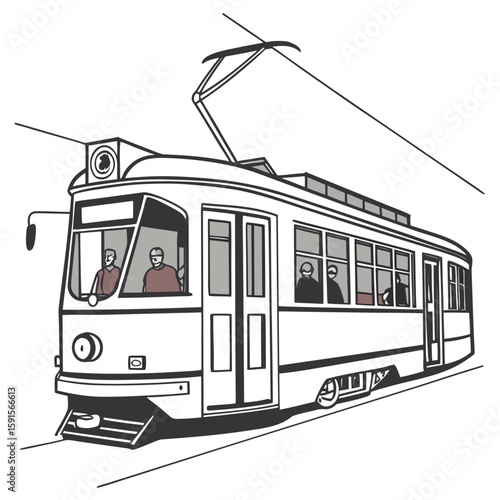 Vintage tram with passengers on transparent background public transport city