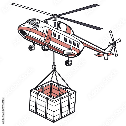 White and red helicopter lifting wooden cargo transport wooden crate